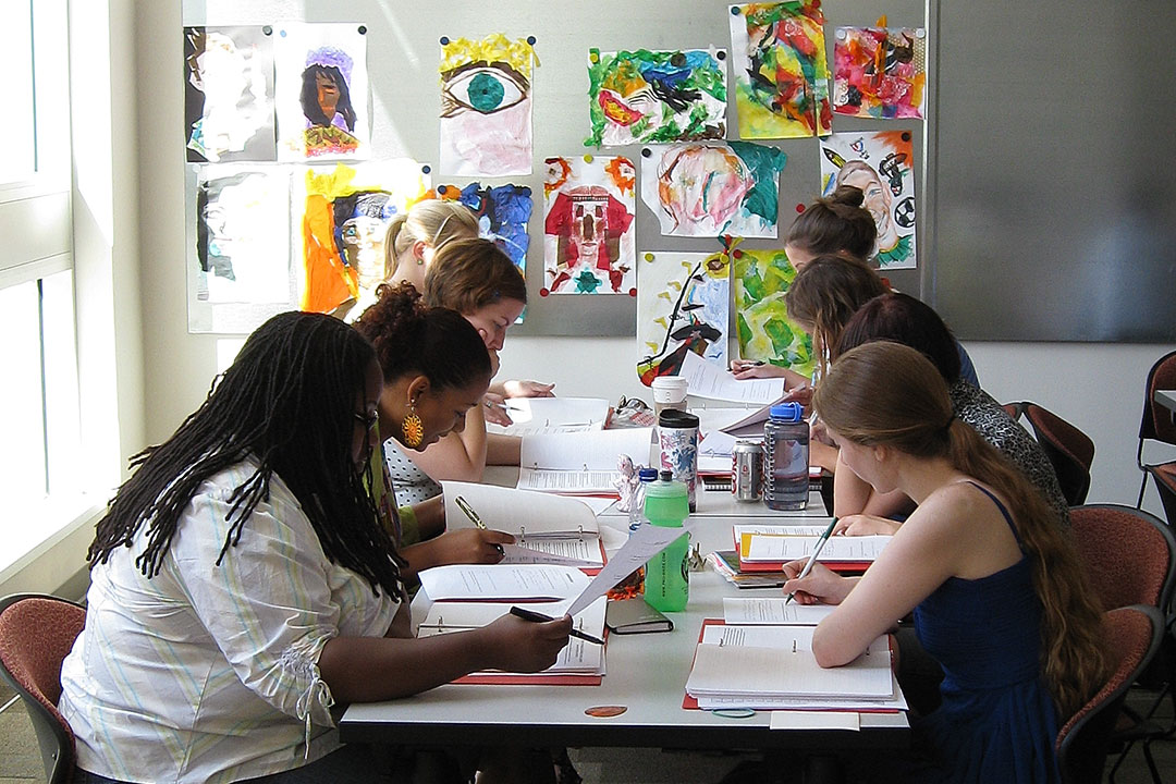 Students studying in an art therapy classroom