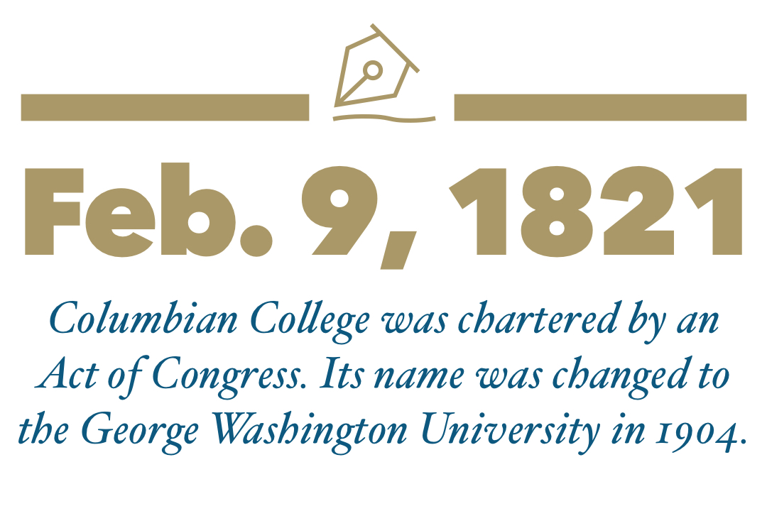 Feb. 9, 1921 - Columbian College was chartered by an Act of Congress. Its name was changed to the George Washington University in 1904.