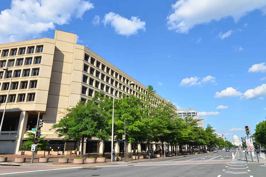 FBI Headquarters, the U.S. Capitol and other buildings on Pennsylvania Avenue in Washington, D.C.