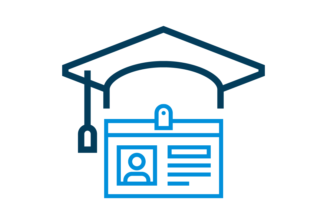Line drawing of a mortarboard cap and an professional ID card