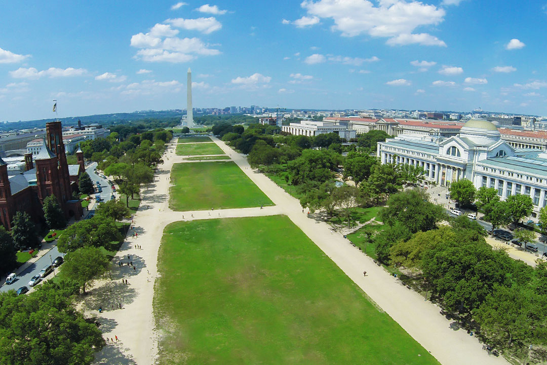 Overhead photo of the National Mall that includes the National Museum of Natural History and the Washington Monument