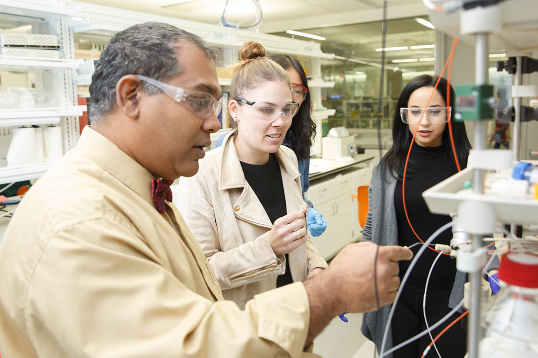 A professor working with graduate students in a lab