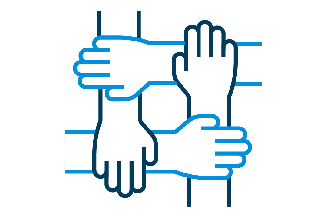 Line drawing of four hands holding each other
