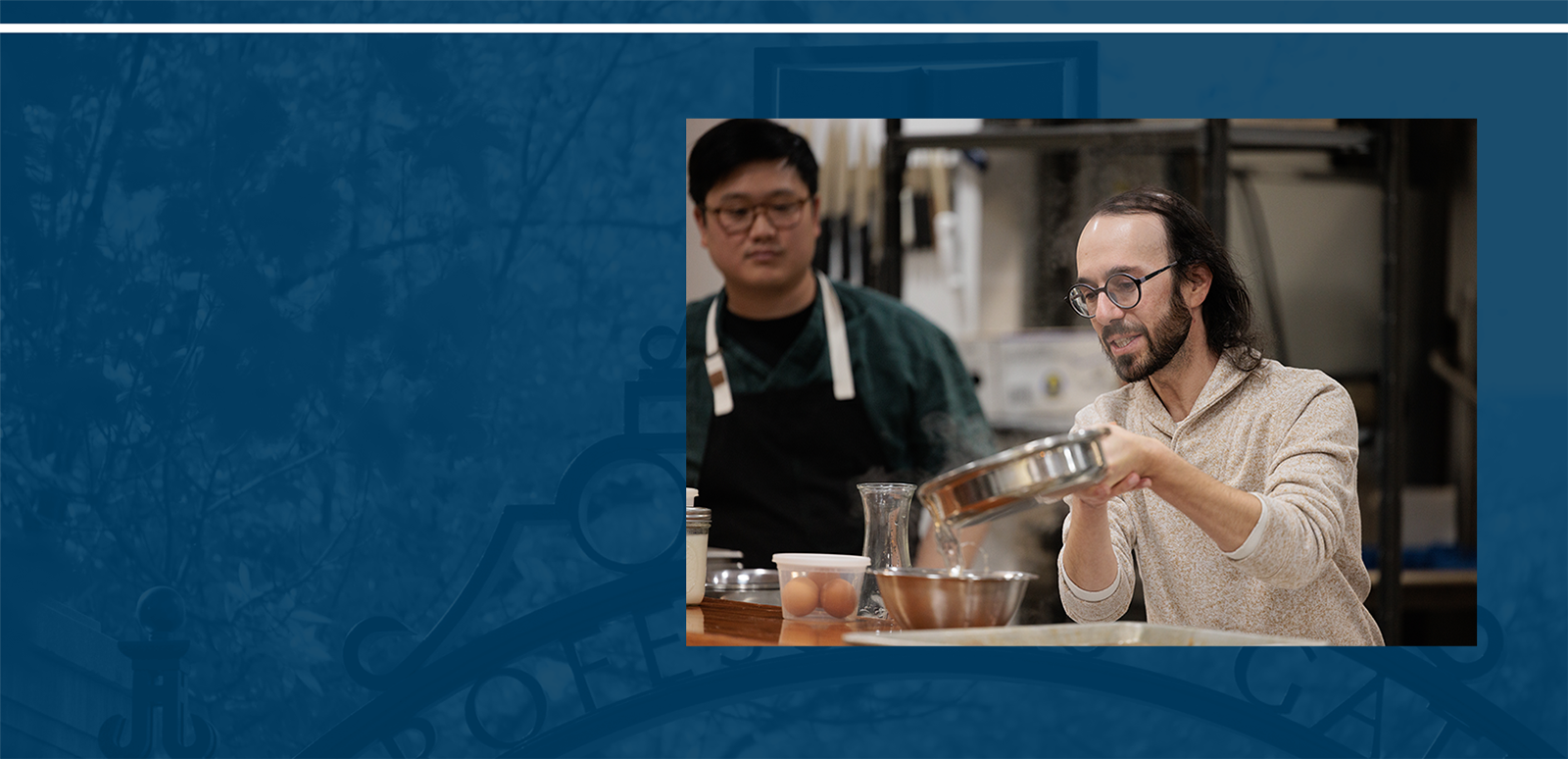 Shawn Shafer pouring water and grains into bowls in a cooking demonstration
